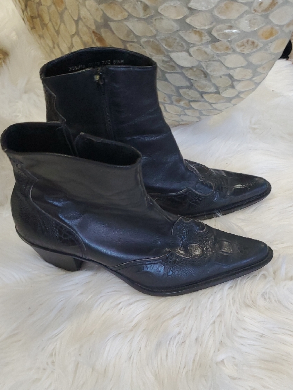 Franco Sarto Black Pointed Leather Ankle Booties with Embossed Toe - Picture 13 of 14